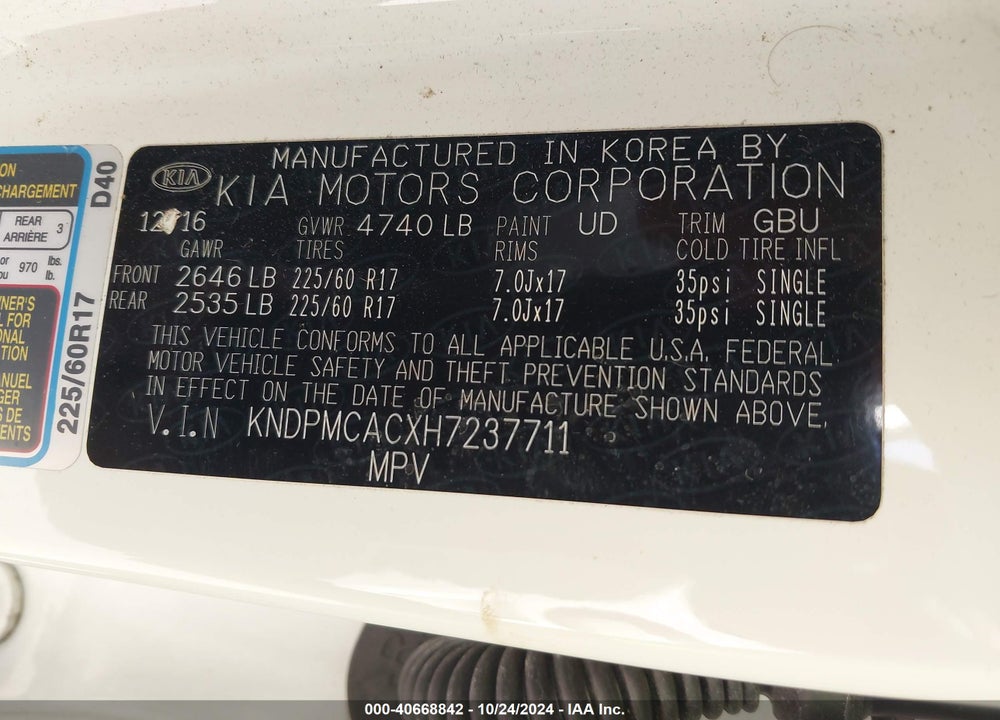 2017 KIA SPORTAGE LX VIN: KNDPMCACXH7237711