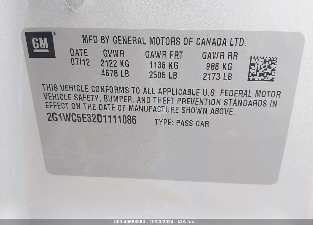 2013 CHEVROLET IMPALA LTZ VIN: 2G1WC5E32D1111086