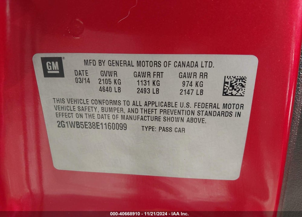 2014 CHEVROLET IMPALA LIMITED LT VIN: 2G1WB5E38E1160099