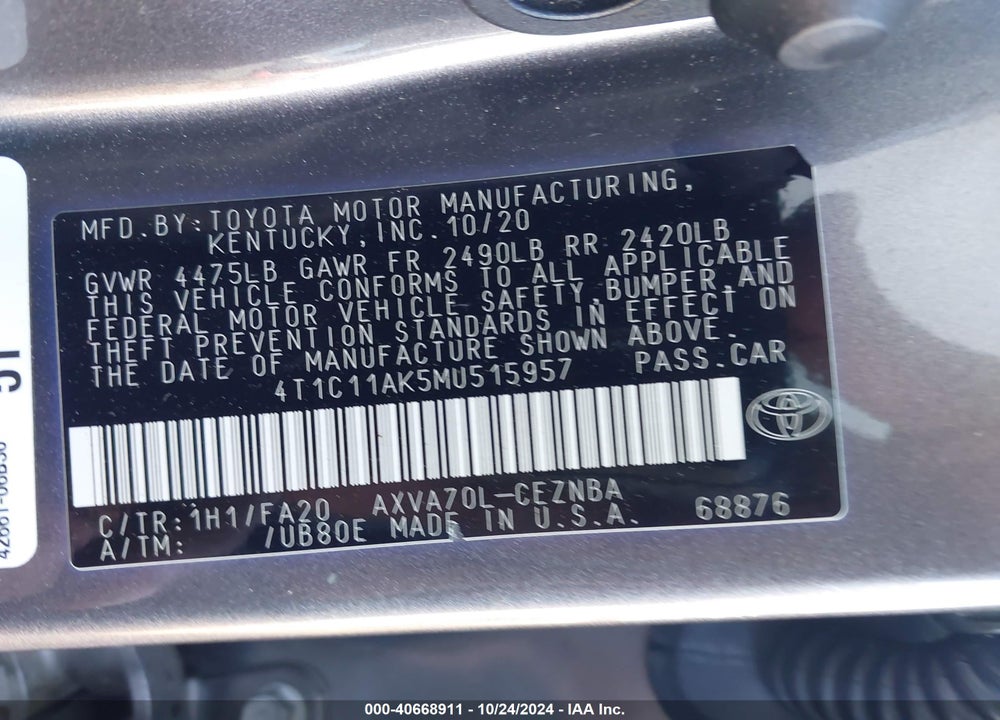 2021 TOYOTA CAMRY LE VIN: 4T1C11AK5MU515957