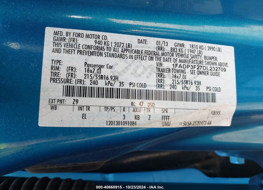 2013 FORD FOCUS SE VIN: 1FADP3F27DL232709