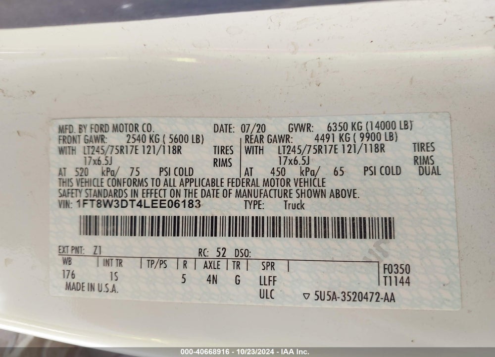 2020 FORD F-350 XL VIN: 1FT8W3DT4LEE06183