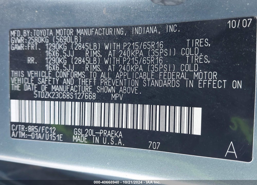 2008 TOYOTA SIENNA LE VIN: 5TDZK23C68S127668