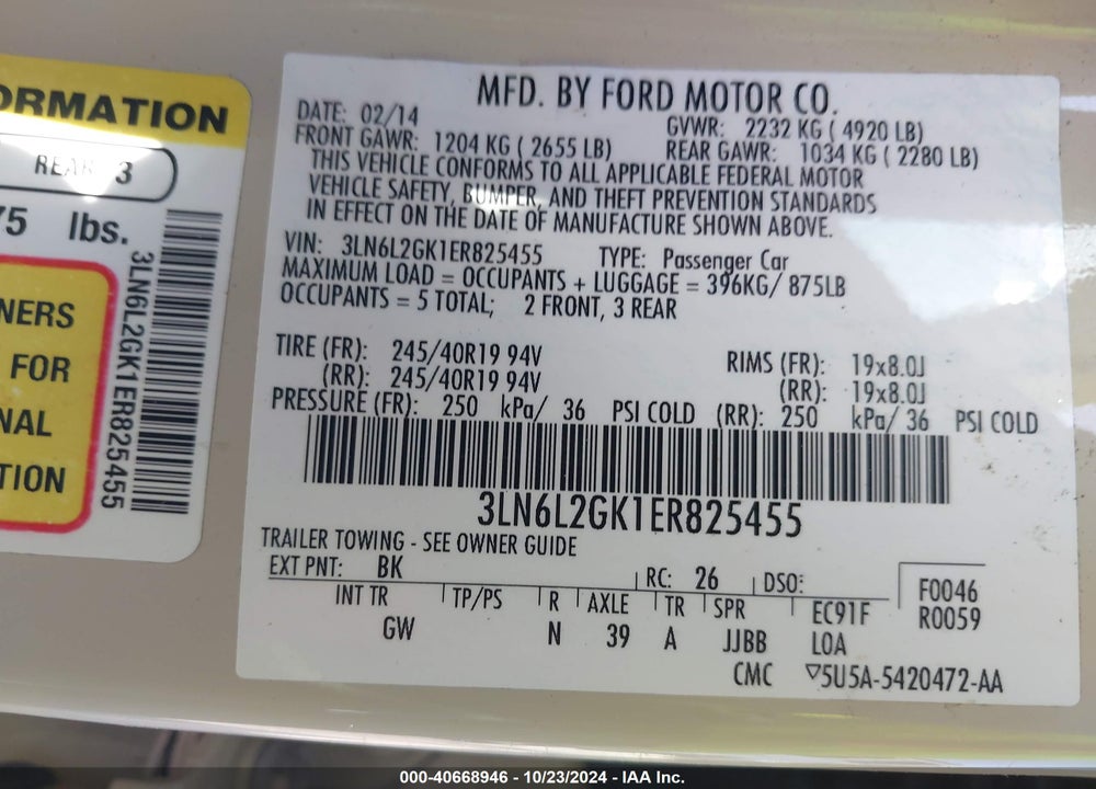 2014 LINCOLN MKZ VIN: 3LN6L2GK1ER825455