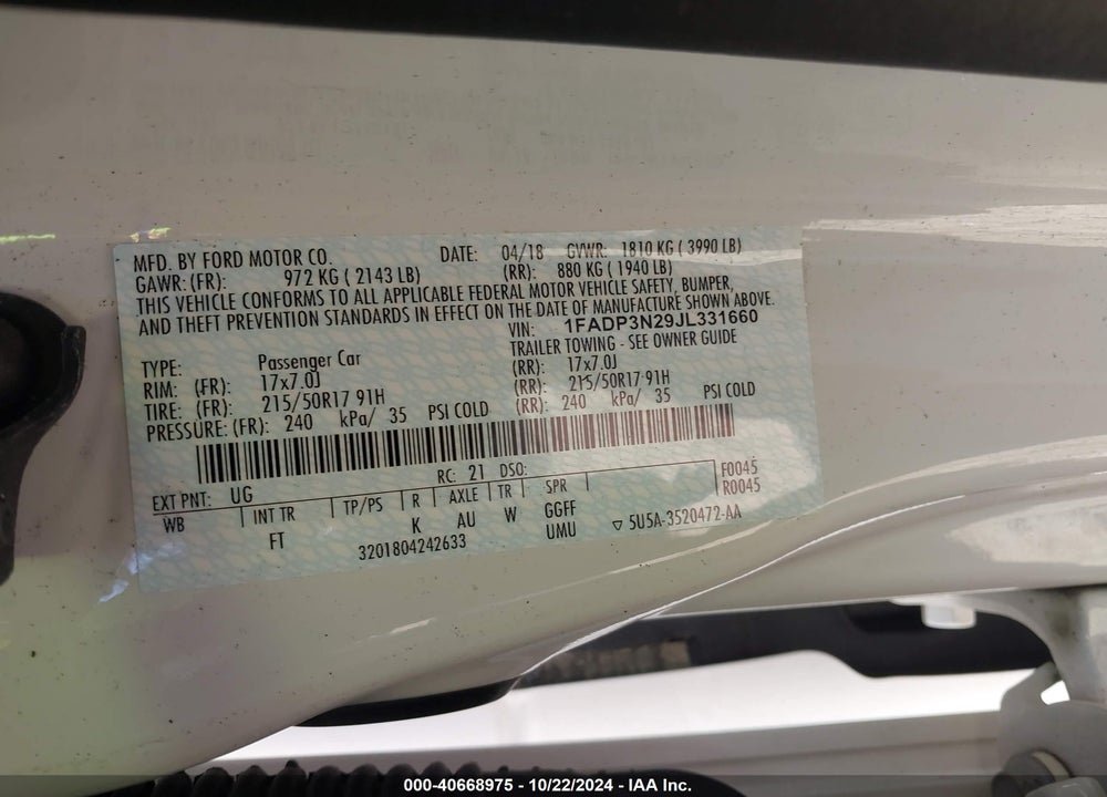2018 FORD FOCUS TITANIUM VIN: 1FADP3N29JL331660