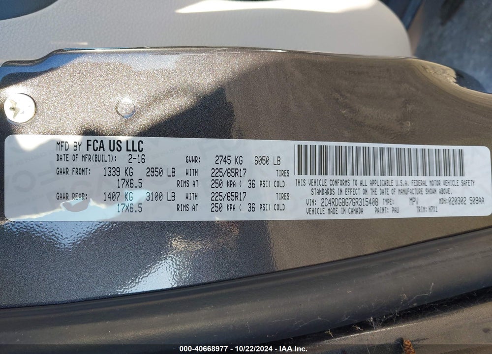 2016 DODGE GRAND CARAVAN AMERICAN VALUE PKG VIN: 2C4RDGBG7GR315408
