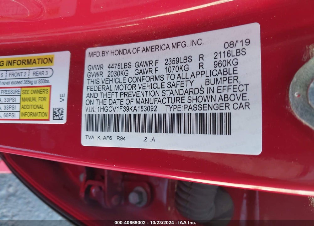 2019 HONDA ACCORD SPORT VIN: 1HGCV1F39KA153092