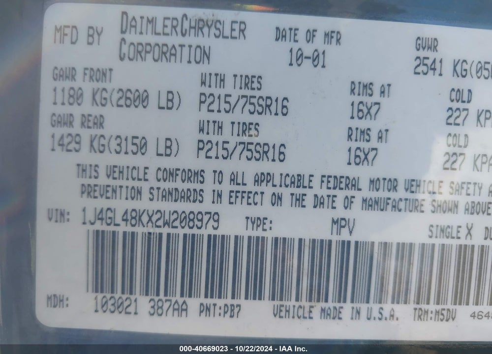 2002 JEEP LIBERTY SPORT VIN: 1J4GL48KX2W208979