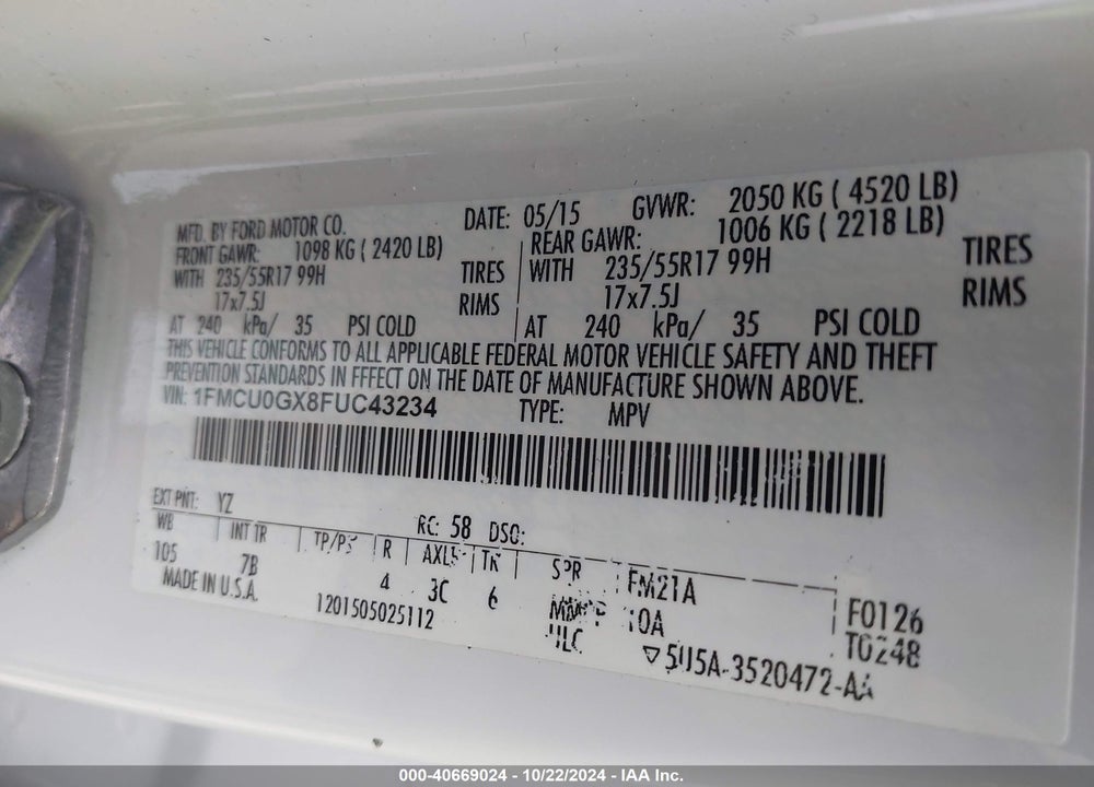 2015 FORD ESCAPE SE VIN: 1FMCU0GX8FUC43234