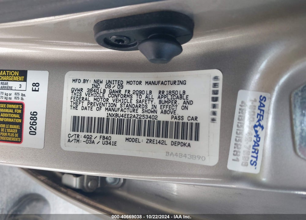 2010 TOYOTA COROLLA VIN: 1NXBU4EE2AZ253402