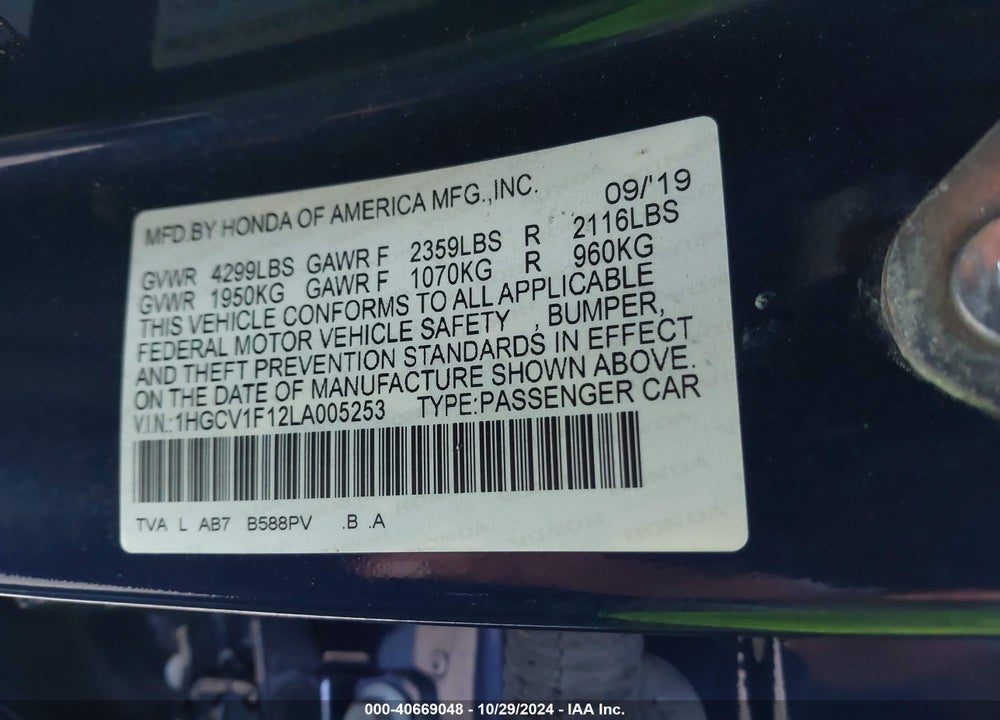 2020 HONDA ACCORD LX VIN: 1HGCV1F12LA005253