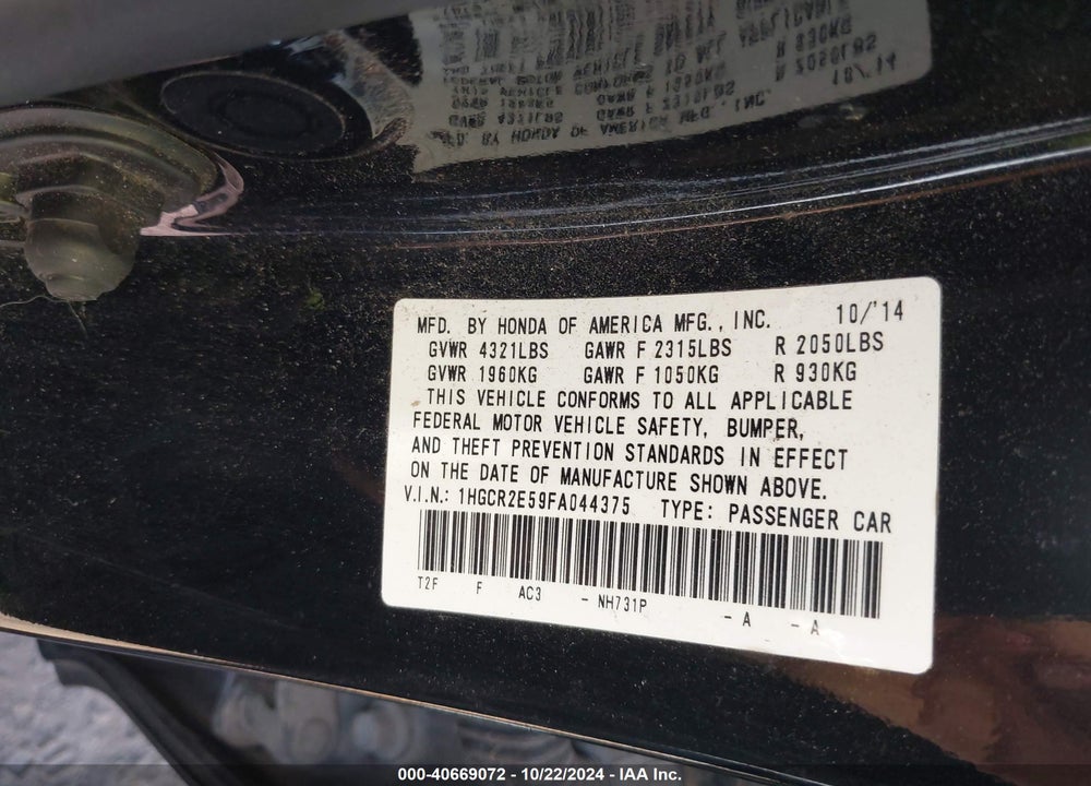 2015 HONDA ACCORD SPORT VIN: 1HGCR2E59FA044375