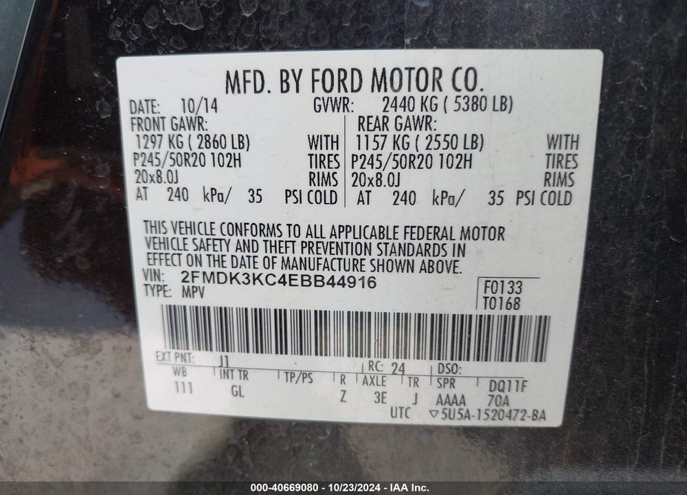 2014 FORD EDGE LIMITED VIN: 2FMDK3KC4EBB44916
