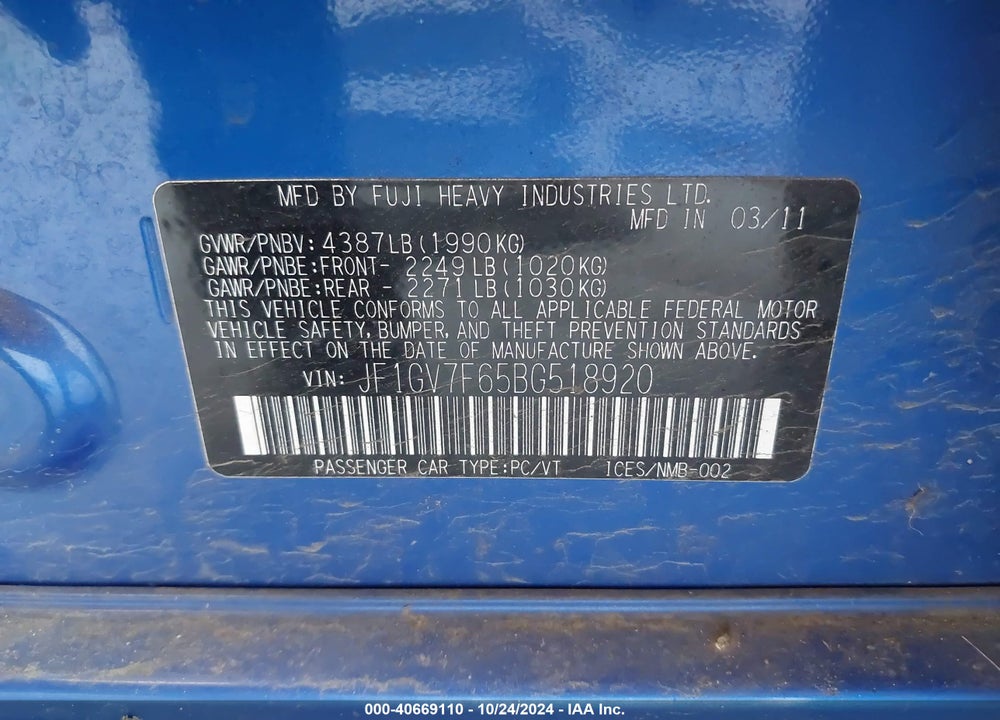 2011 SUBARU IMPREZA WRX PREMIUM VIN: JF1GV7F65BG518920