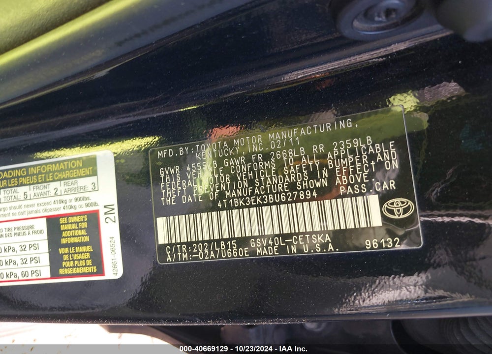 2011 TOYOTA CAMRY SE V6 VIN: 4T1BK3EK3BU627894