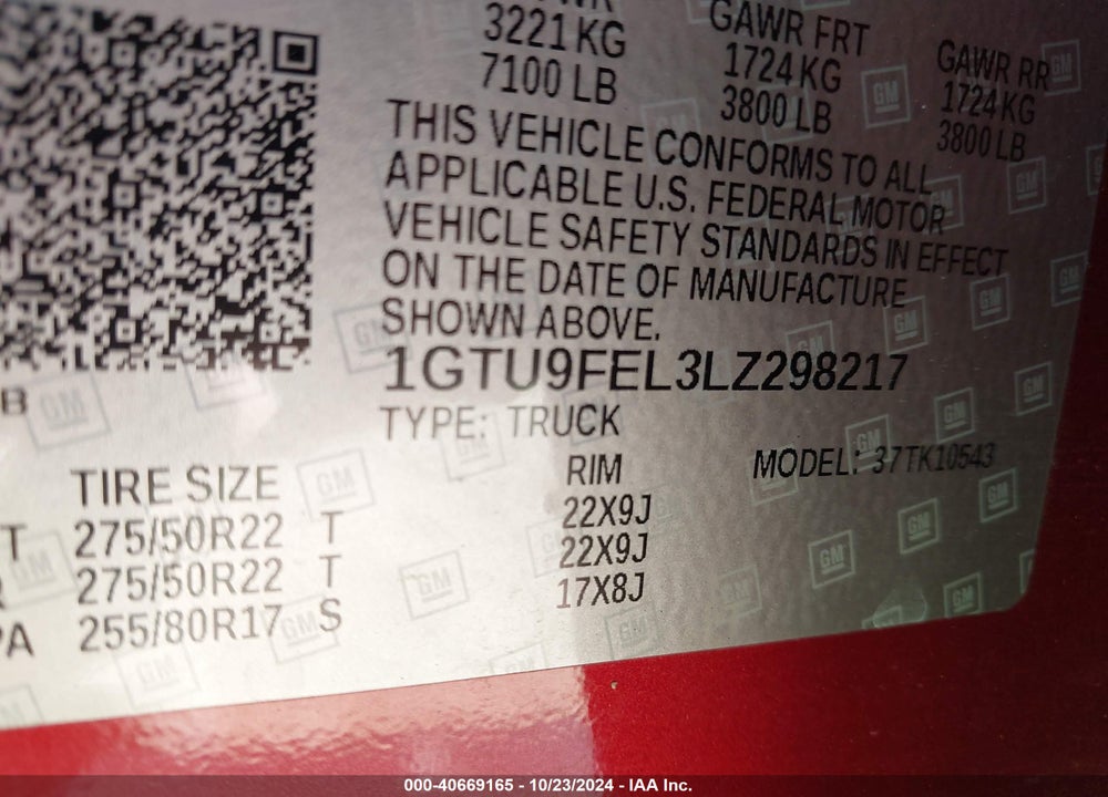 2020 GMC SIERRA 1500 4WD SHORT BOX DENALI VIN: 1GTU9FEL3LZ298217
