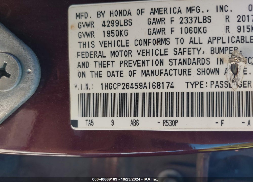 2009 HONDA ACCORD 2.4 LX-P VIN: 1HGCP26459A168174