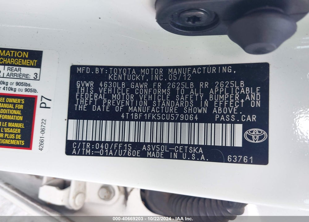 2012 TOYOTA CAMRY SE VIN: 4T1BF1FK5CU579064