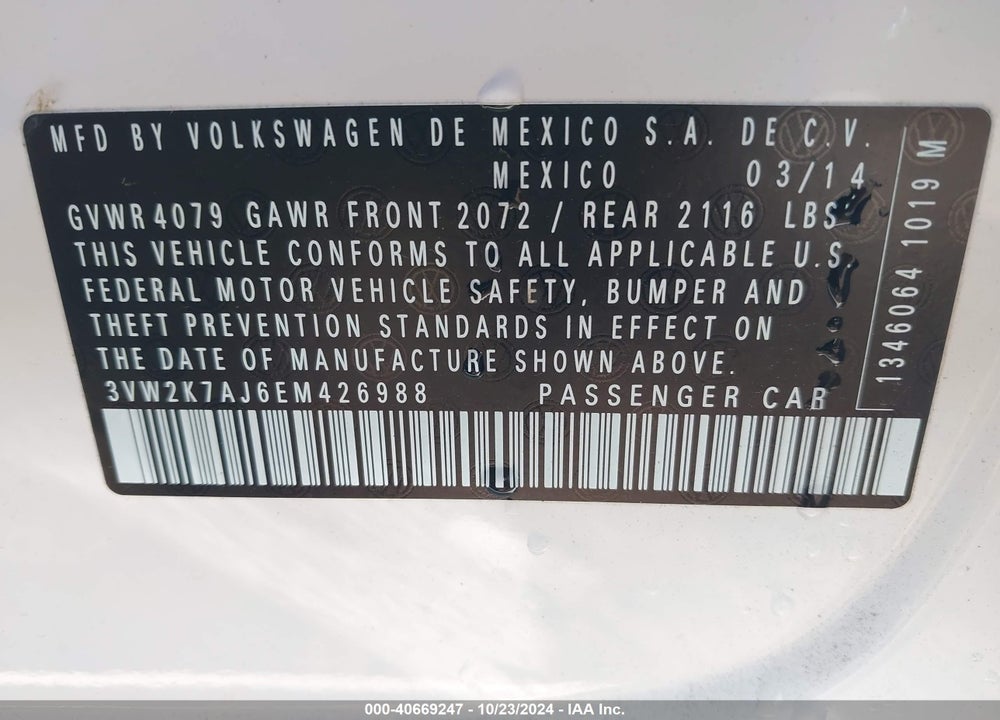 2014 VOLKSWAGEN JETTA 2.0L S VIN: 3VW2K7AJ6EM426988