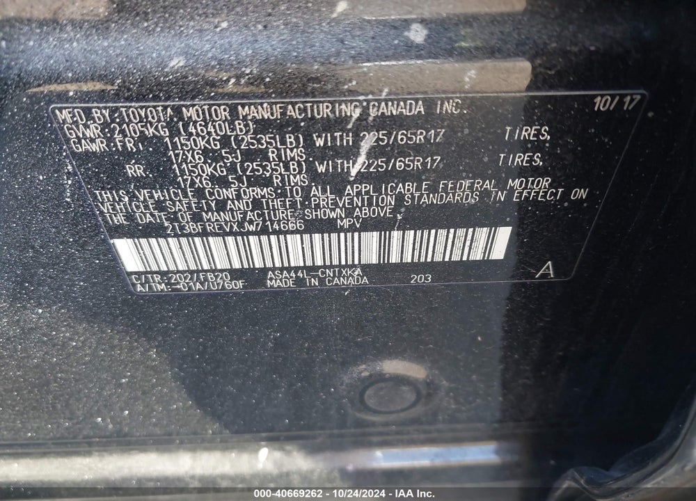 2018 TOYOTA RAV4 LE VIN: 2T3BFREVXJW714666