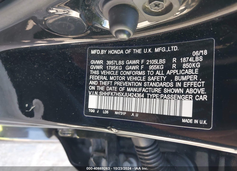 2018 HONDA CIVIC EX VIN: SHHFK7H5XJU424364