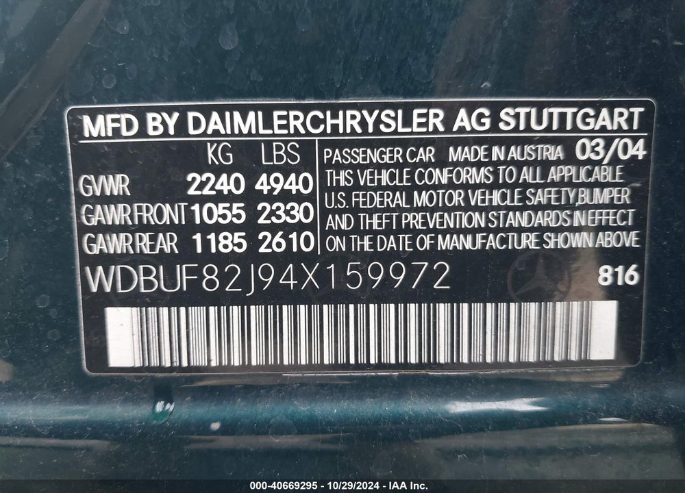 2004 MERCEDES-BENZ E-CLASS 3.2L VIN: WDBUF82J94X159972