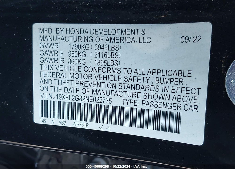 2022 HONDA CIVIC VIN: 19XFL2G82NE022735