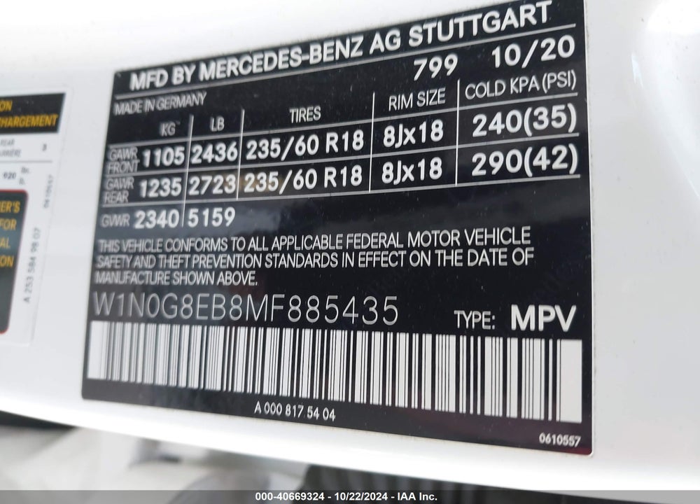 2021 MERCEDES-BENZ GLC 300 4MATIC SUV VIN: W1N0G8EB8MF885435