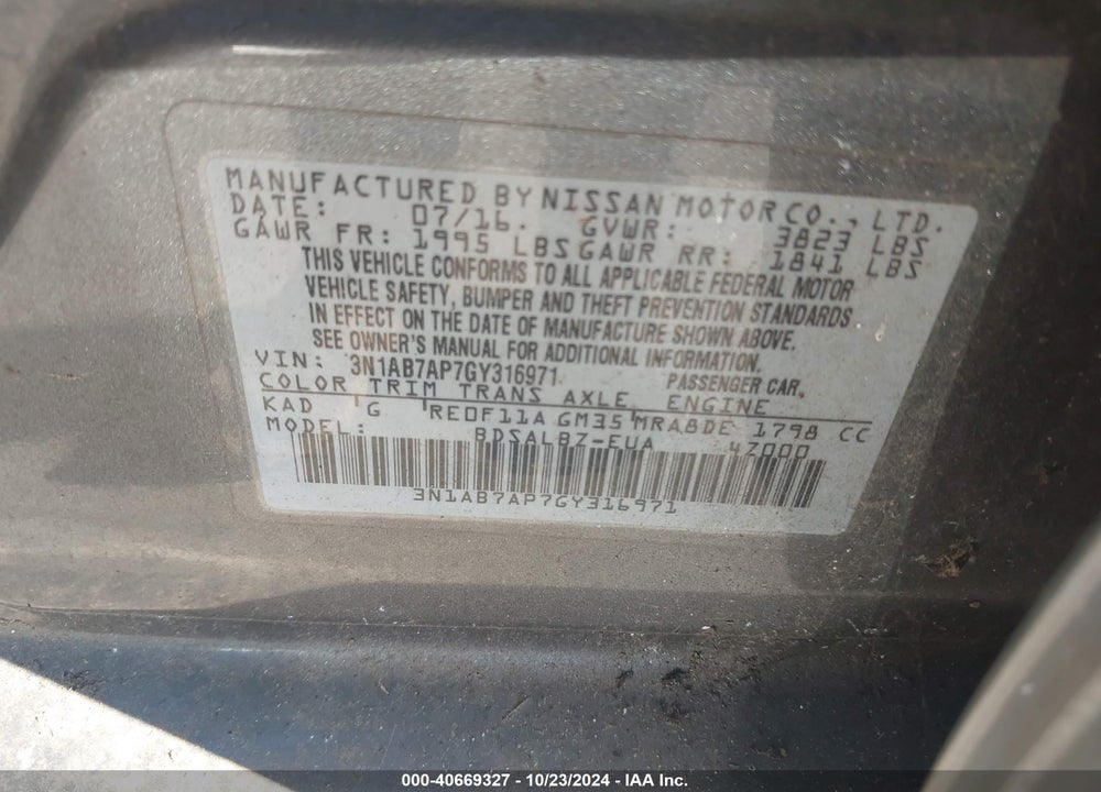 2016 NISSAN SENTRA S VIN: 3N1AB7AP7GY316971