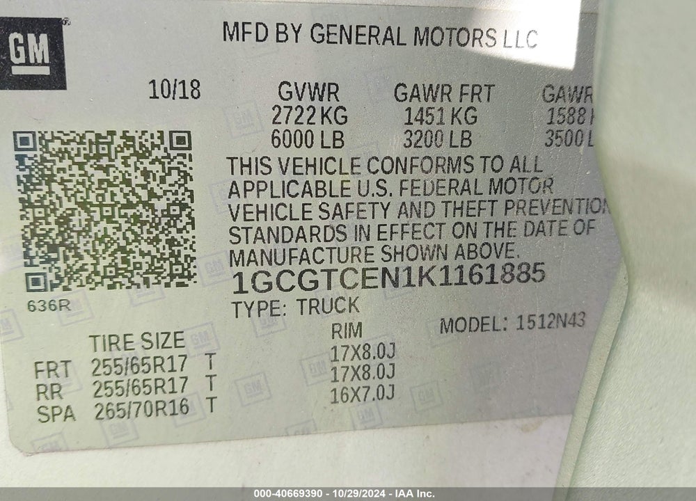 2019 CHEVROLET COLORADO LT VIN: 1GCGTCEN1K1161885