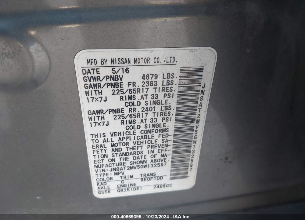 2016 NISSAN ROGUE SV VIN: JN8AT2MV5GW132597