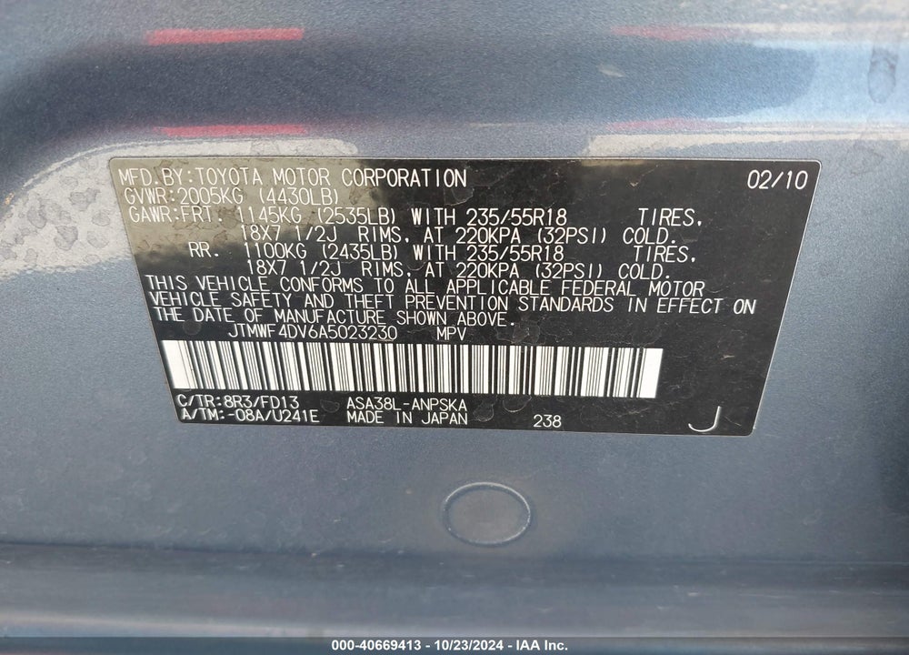 2010 TOYOTA RAV4 SPORT VIN: JTMWF4DV6A5023230