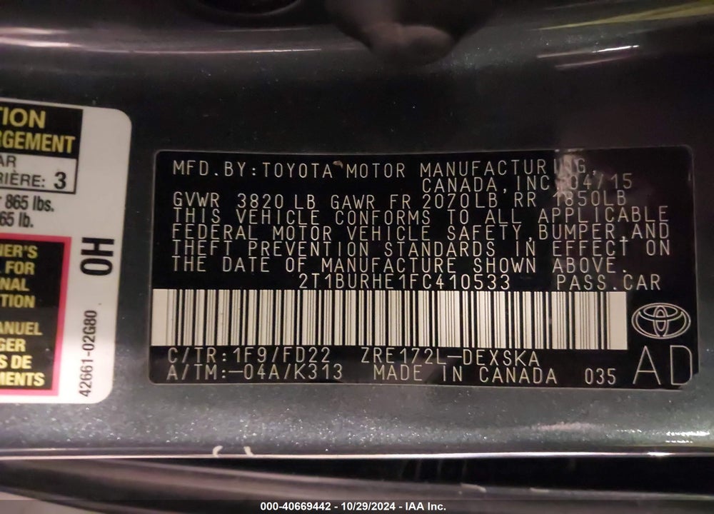 2015 TOYOTA COROLLA S PLUS VIN: 2T1BURHE1FC410533