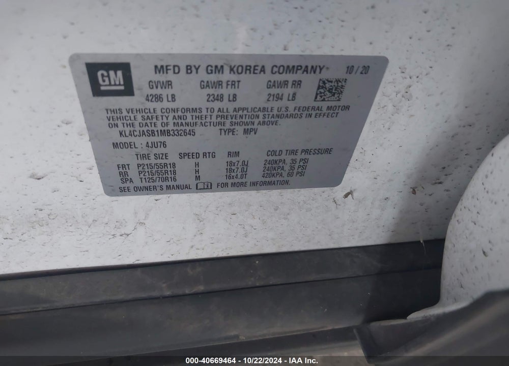 2021 BUICK ENCORE FWD PREFERRED VIN: KL4CJASB1MB332645
