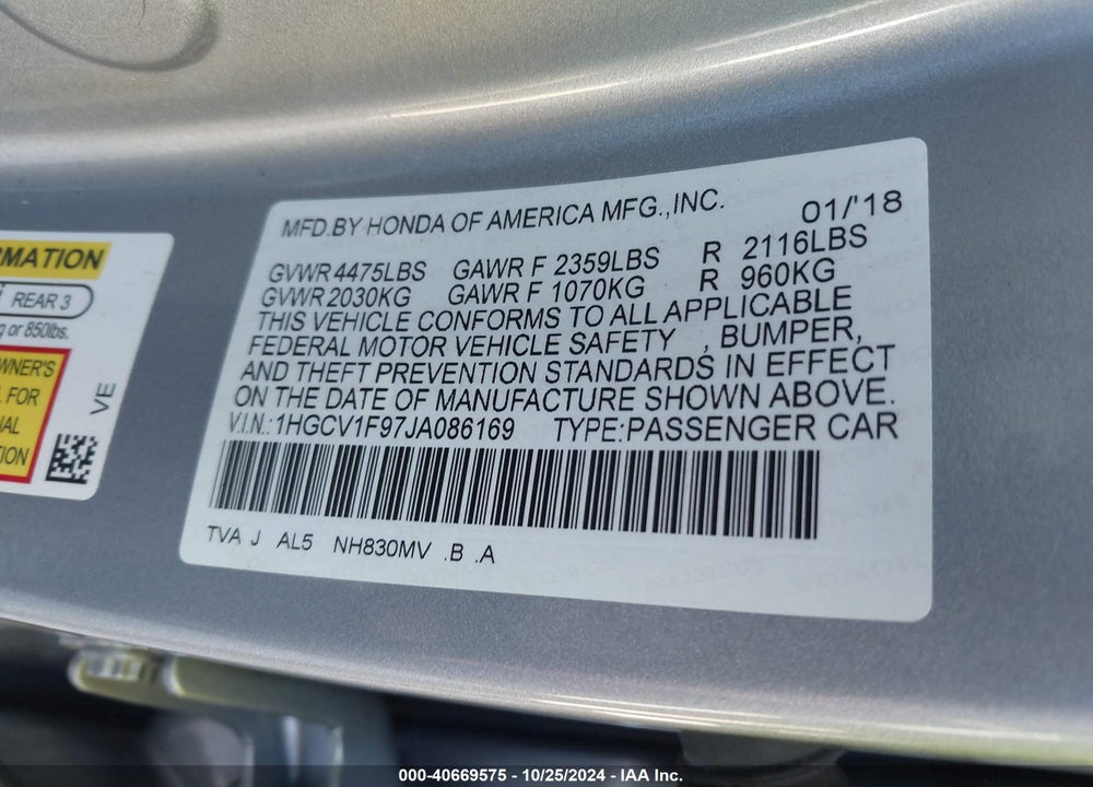 2018 HONDA ACCORD TOURING VIN: 1HGCV1F97JA086169