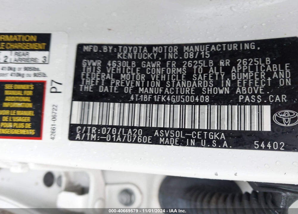 2016 TOYOTA CAMRY XLE VIN: 4T1BF1FK4GU500408