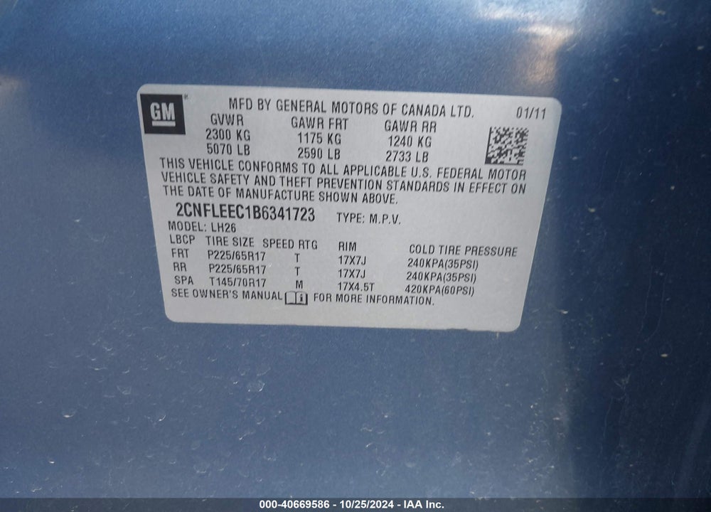 2011 CHEVROLET EQUINOX 1LT VIN: 2CNFLEEC1B6341723