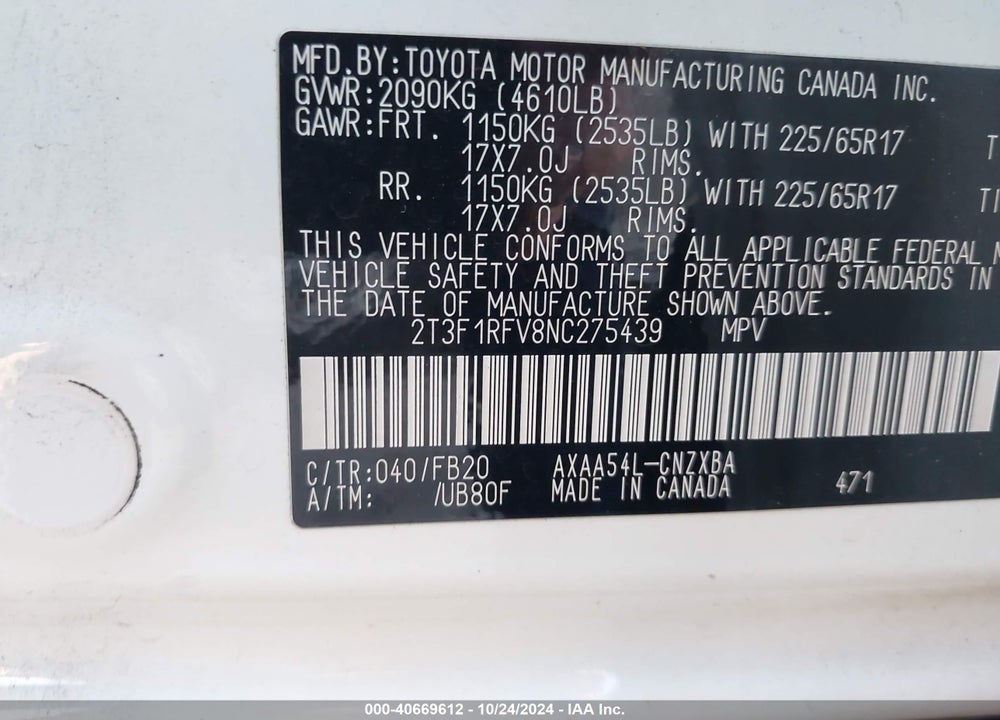 2022 TOYOTA RAV4 LE VIN: 2T3F1RFV8NC275439