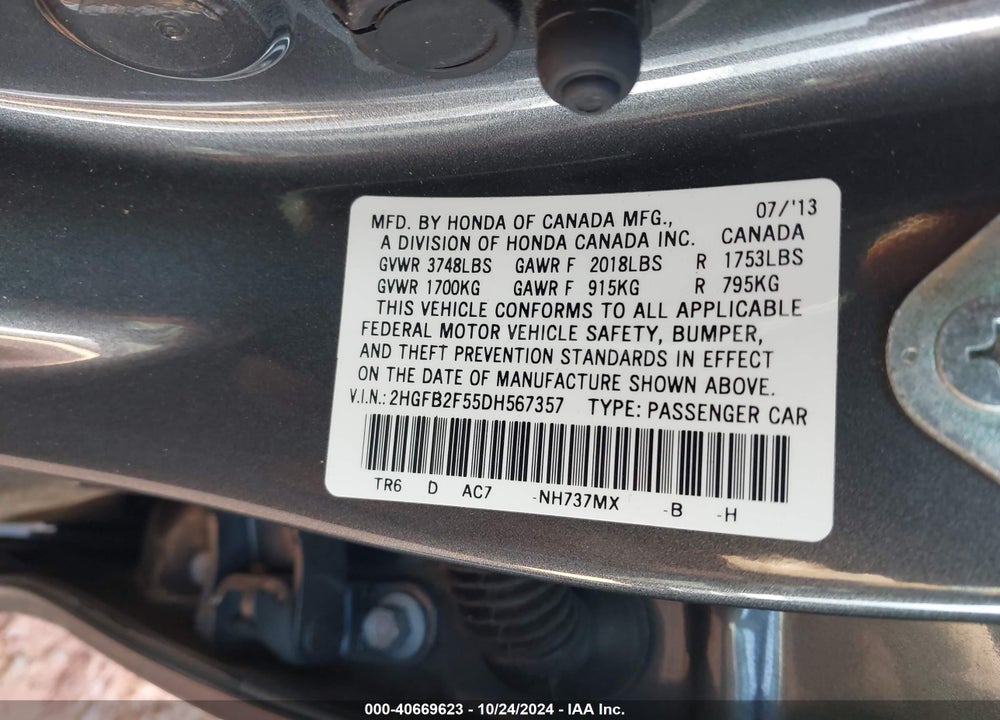 2013 HONDA CIVIC LX VIN: 2HGFB2F55DH567357