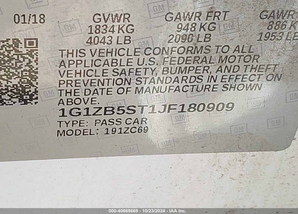 2018 CHEVROLET MALIBU VIN: 1G1ZB5ST1JF180909