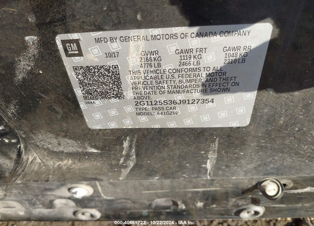 2018 CHEVROLET IMPALA 2LZ VIN: 2G1125S36J9127354