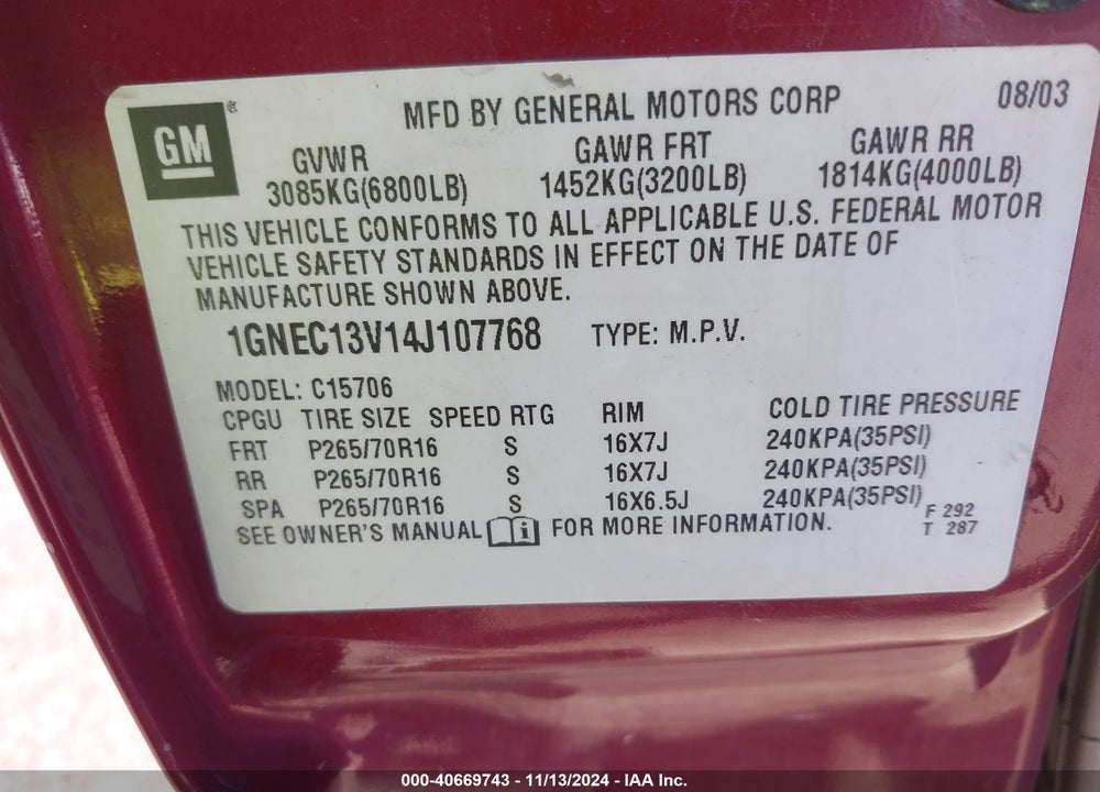 2004 CHEVROLET TAHOE LS VIN: 1GNEC13V14J107768