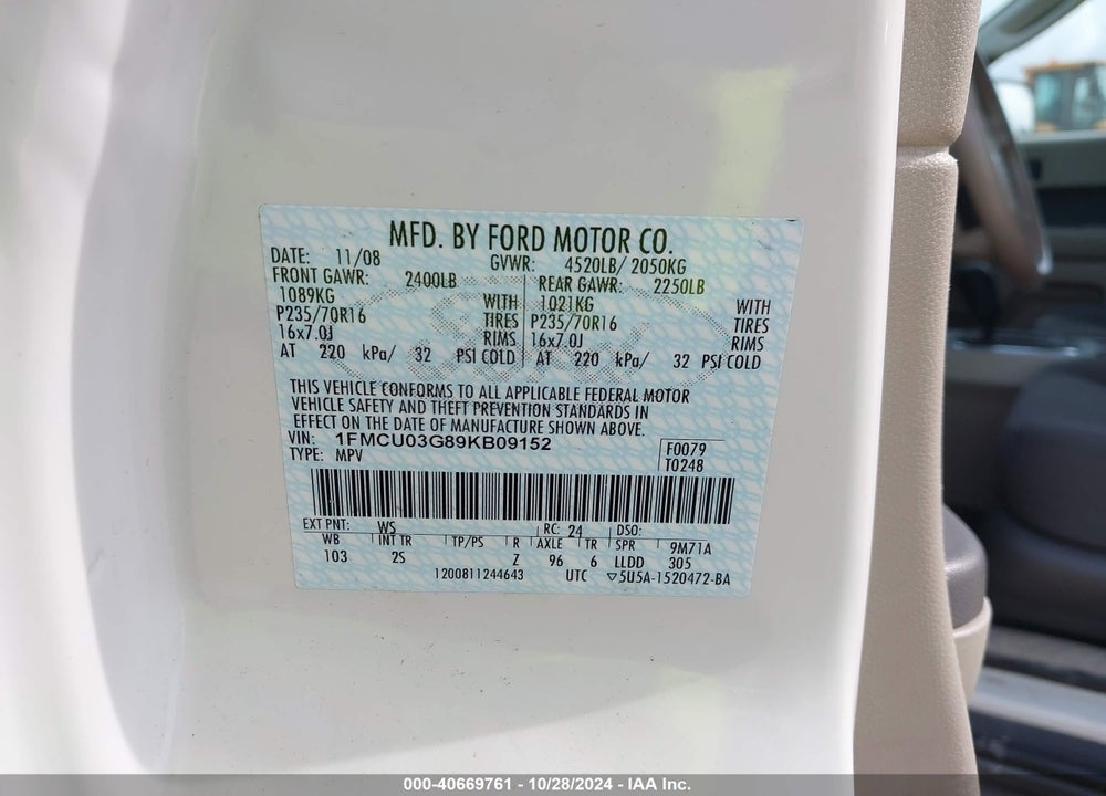 2009 FORD ESCAPE XLT VIN: 1FMCU03G89KB09152