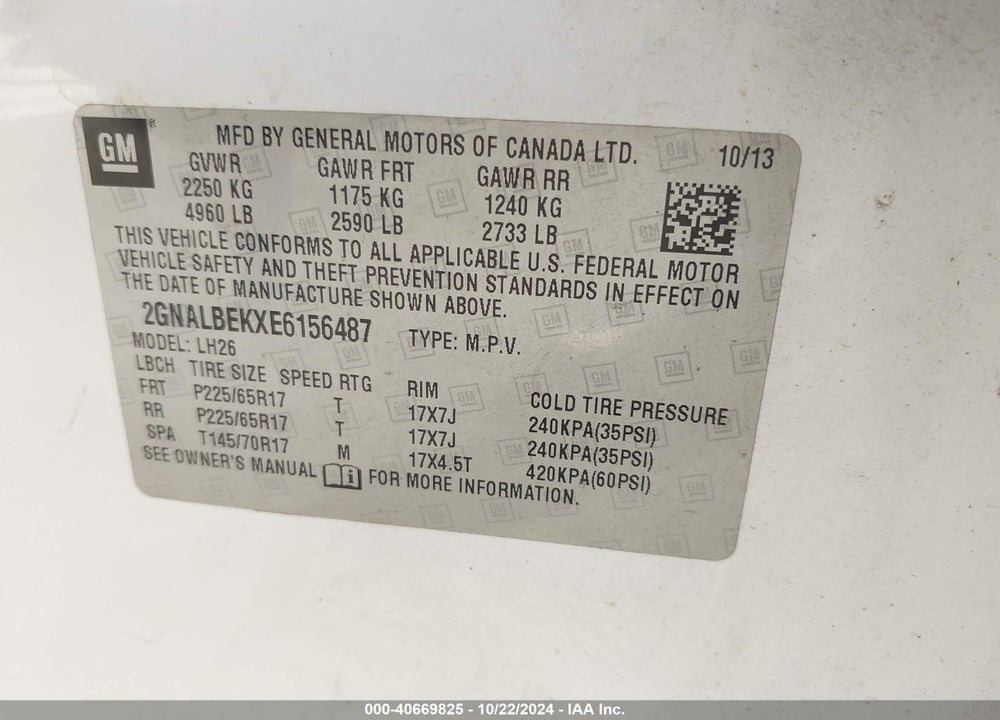 2014 CHEVROLET EQUINOX 1LT VIN: 2GNALBEKXE6156487