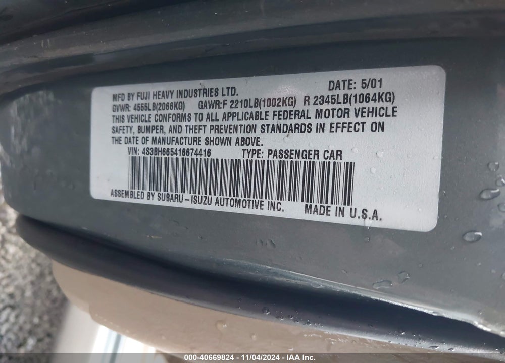 2001 SUBARU OUTBACK VIN: 4S3BH665416674416