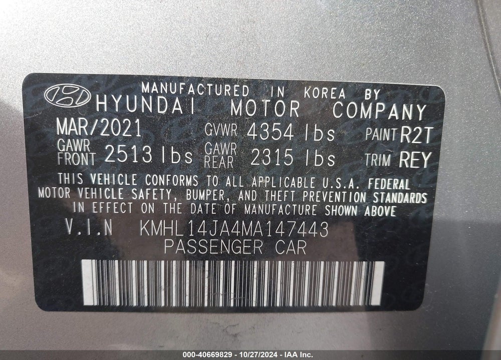 2021 HYUNDAI SONATA SEL VIN: KMHL14JA4MA147443