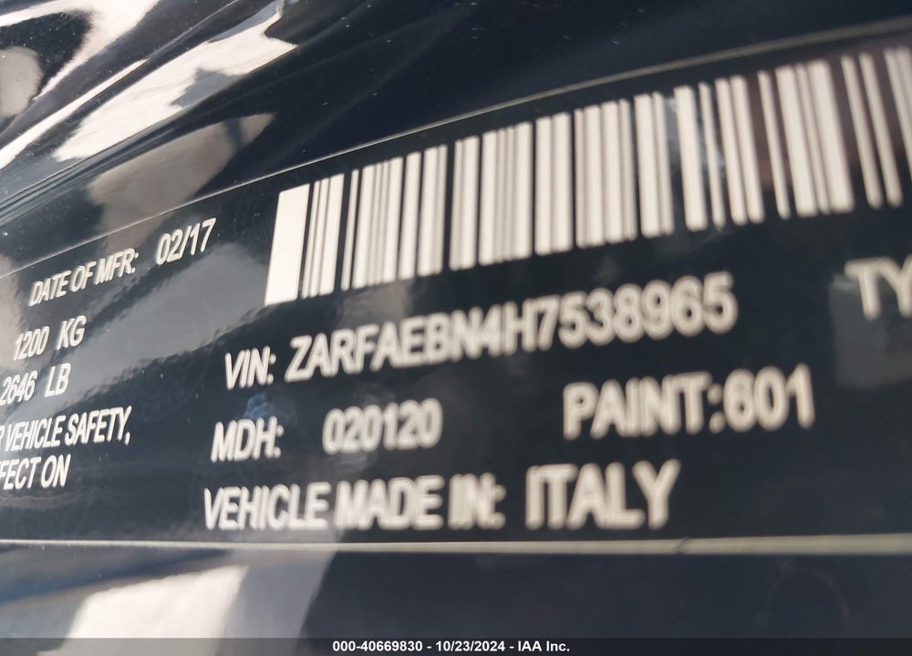 2017 ALFA ROMEO GIULIA RWD VIN: ZARFAEBN4H7538965