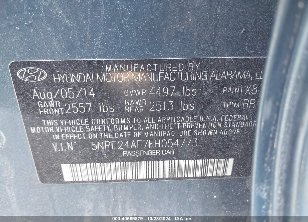 2015 HYUNDAI SONATA SE VIN: 5NPE24AF7FH054773