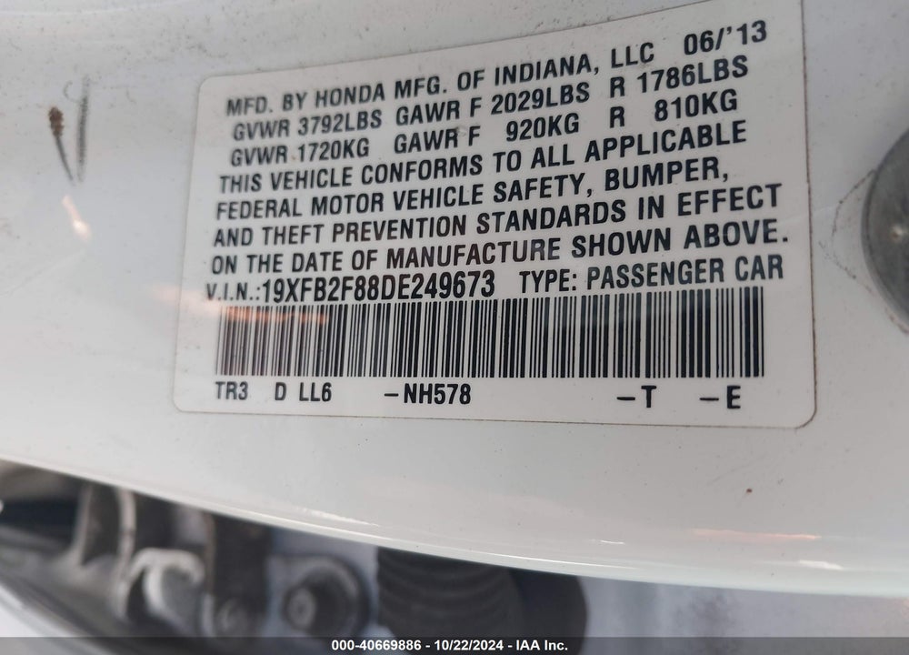 2013 HONDA CIVIC EX VIN: 19XFB2F88DE249673