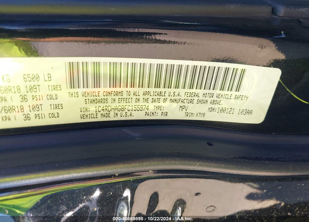 2015 DODGE DURANGO SXT VIN: 1C4RDHAG8FC155974